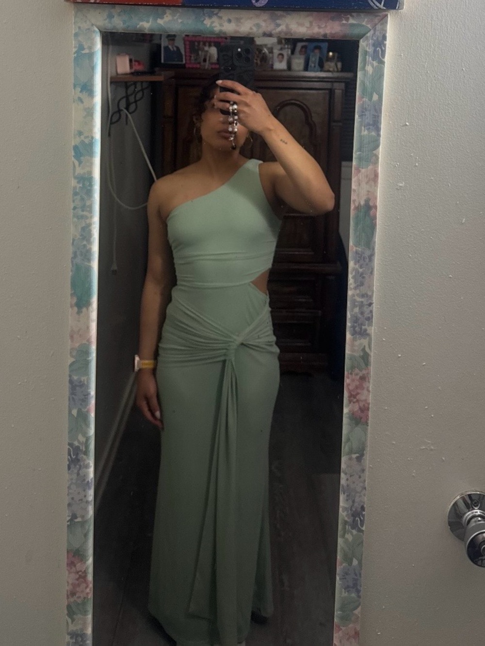 One-Shoulder Sage Green Maxi Dress with Side Knot